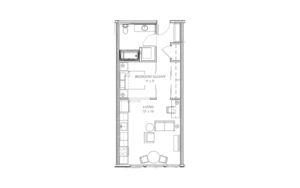 GLV - Open 1x1 - A18 - 1 bedroom floorplan layout with 1 bathroom and 633 - 656 square feet