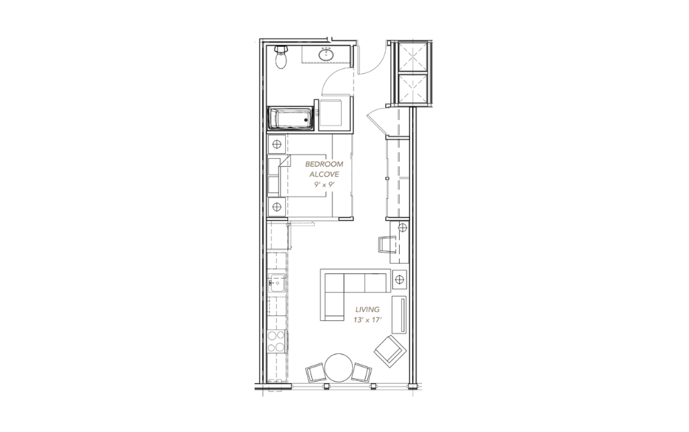 GLV - Open 1x1 - A12 - 1 bedroom floorplan layout with 1 bathroom and 558 - 576 square feet