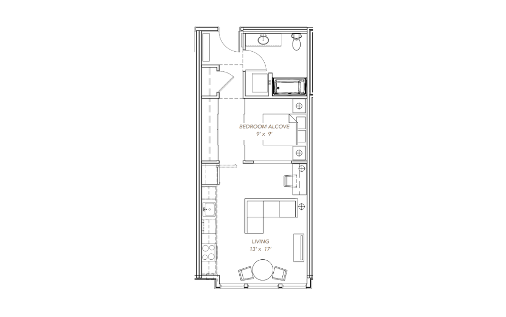 GLV - Open 1x1 - A13 - 1 bedroom floorplan layout with 1 bath and 566 to 594 square feet.