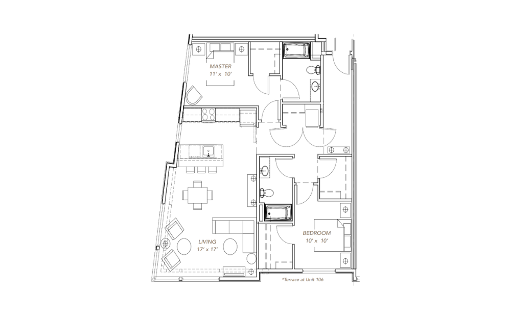 GLV - 2x2 - C10 - 2 bedroom floorplan layout with 2 baths and 1160 to 1203 square feet.