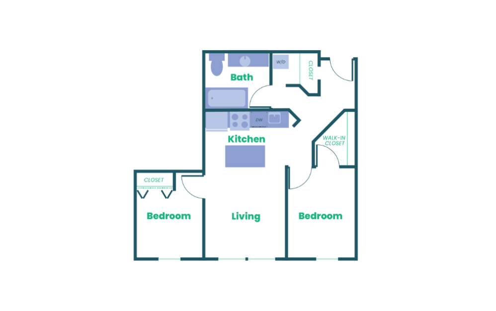 The Teel - 2x1 - C1 - 2 bedroom floorplan layout with 1 bathroom and 850 square feet