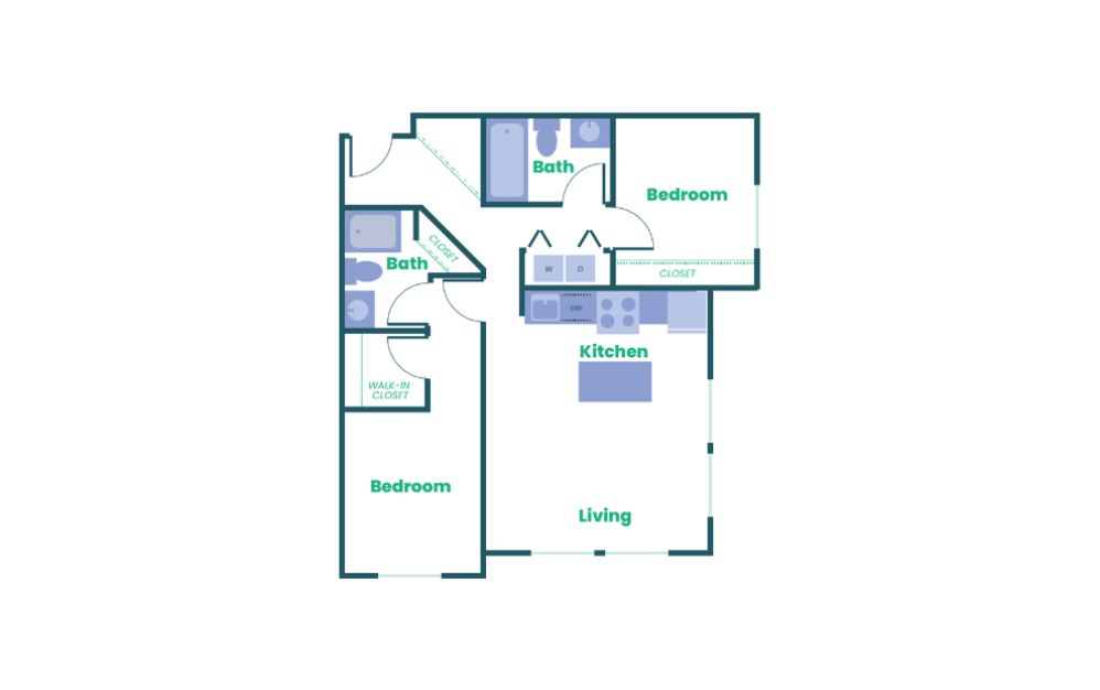 The Teel - 2x2 - C3 - 2 bedroom floorplan layout with 2 bathrooms and 1064 square feet