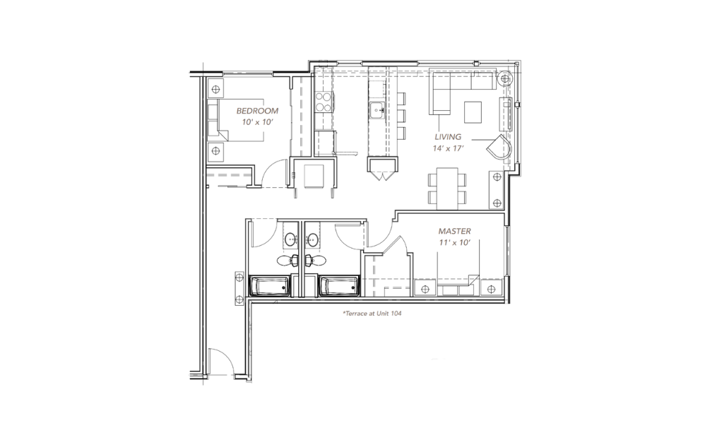 GLV - 2x2 - C7 - 2 bedroom floorplan layout with 2 bathrooms and 1077 square feet