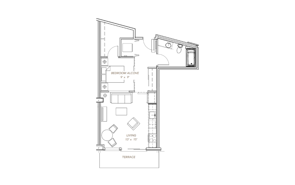 GLV - Open 1x1 - A4 - 1 bedroom floorplan layout with 1 bathroom and 587 square feet