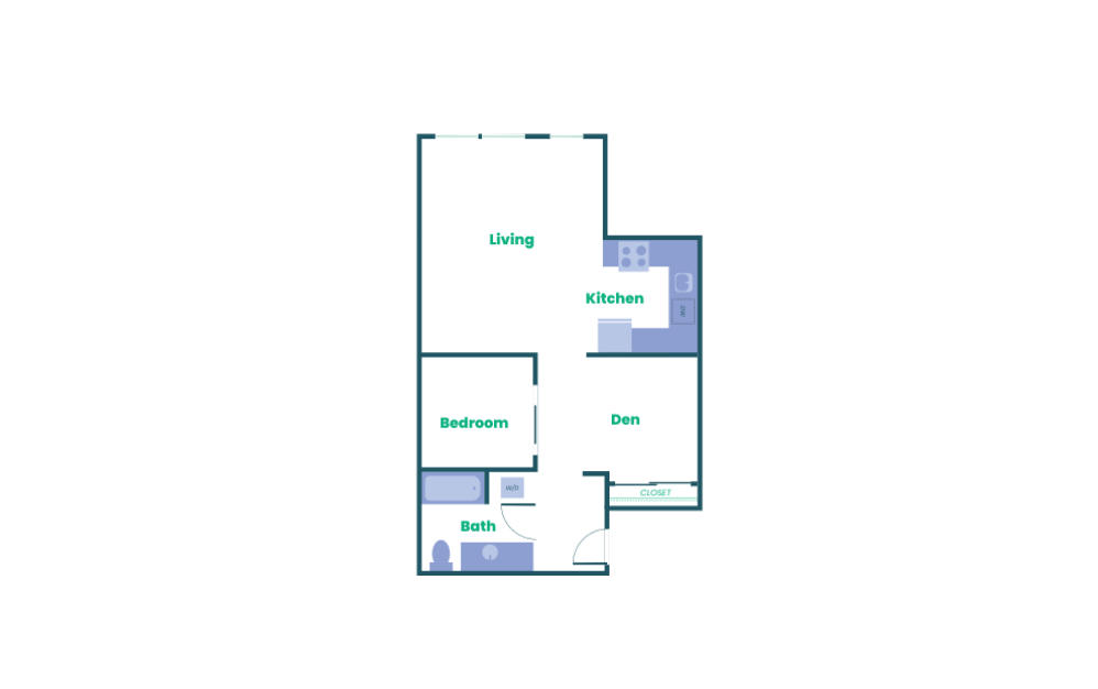 The Teel - Open 1x1 + Den - A8 - 1 bedroom floorplan layout with 1 bathroom and 627 square feet