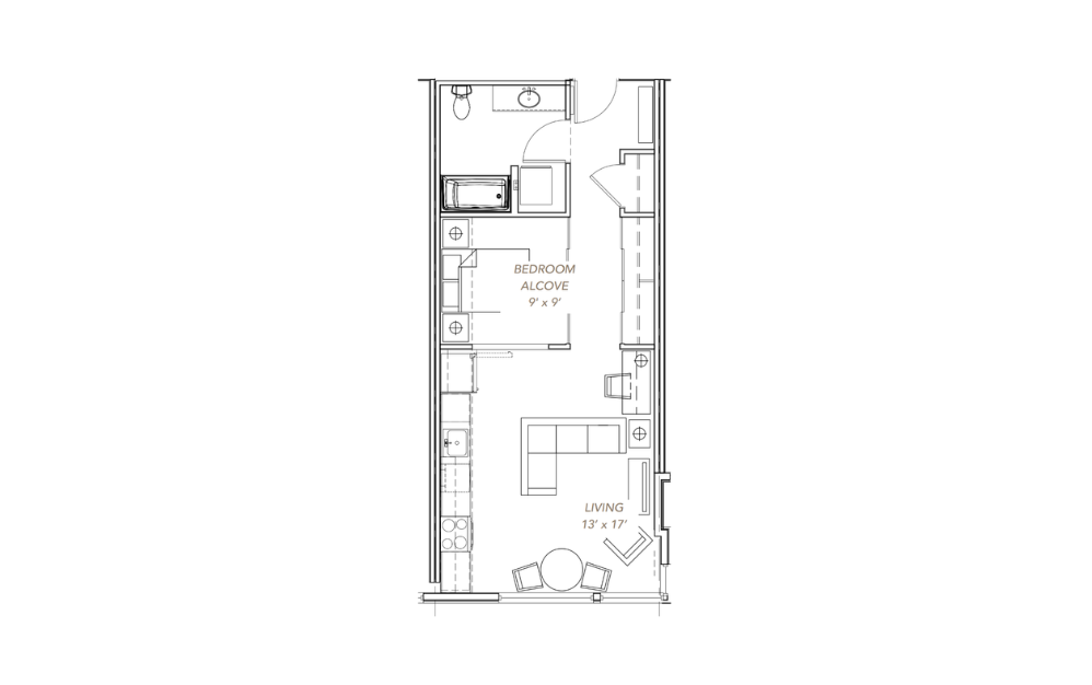 GLV - Open 1x1 - A14 - 1 bedroom floorplan layout with 1 bathroom and 570 - 598 square feet