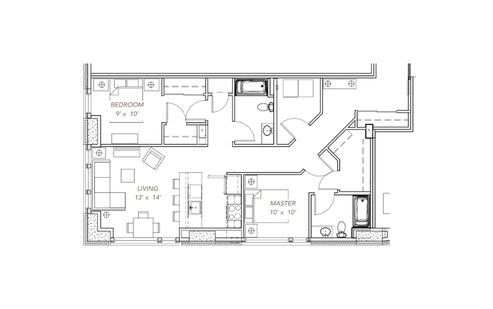 GLV - 2x2 - C13 - 2 bedroom floorplan layout with 2 bathrooms and 1224 square feet