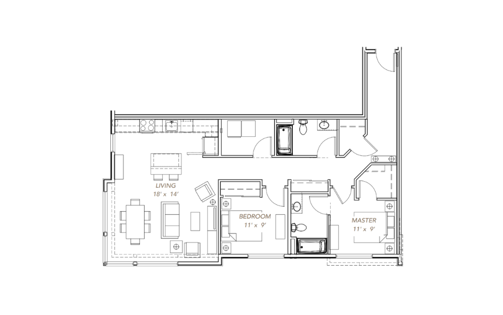 GLV - 2x2 - C11 - 2 bedroom floorplan layout with 2 bathrooms and 1146 - 1203 square feet