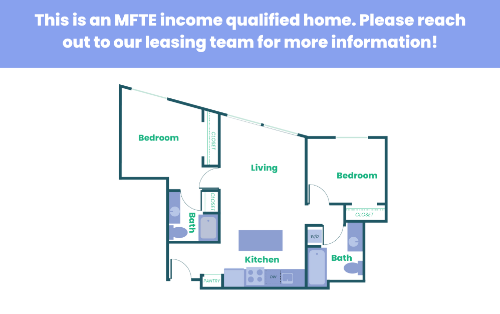 The Teel - 2x2- MFTE - 2 bedroom floorplan layout with 2 bathrooms and 928 square feet