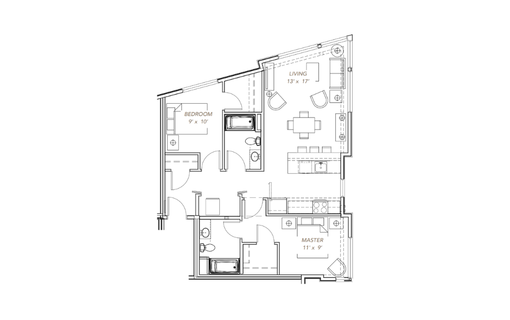 GLV - 2x2 - C2 - 2 bedroom floorplan layout with 2 bathrooms and 951 - 1008 square feet