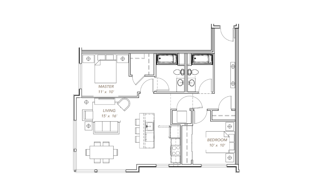 GLV - 2x2 - C6 - 2 bedroom floorplan layout with 2 bathrooms and 1055 square feet