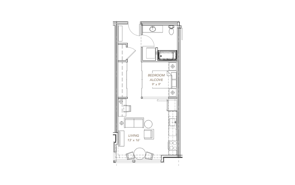 GLV - Open 1x1 - A11 - 1 bedroom floorplan layout with 1 bathroom and 581 - 602 square feet GLV - Open 1x1 - A11 - 1 bedroom floorplan layout with 1 bathroom and 581 - 602 square feet
