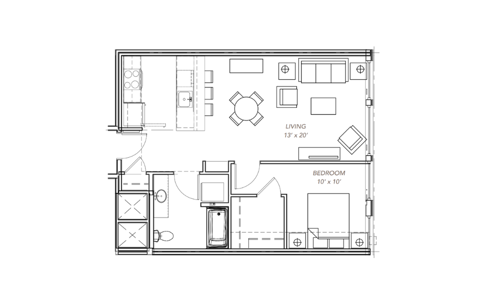 GLV - Open 1x1 - A11 - 1 bedroom floorplan layout with 1 bathroom and 581 - 602 square feet