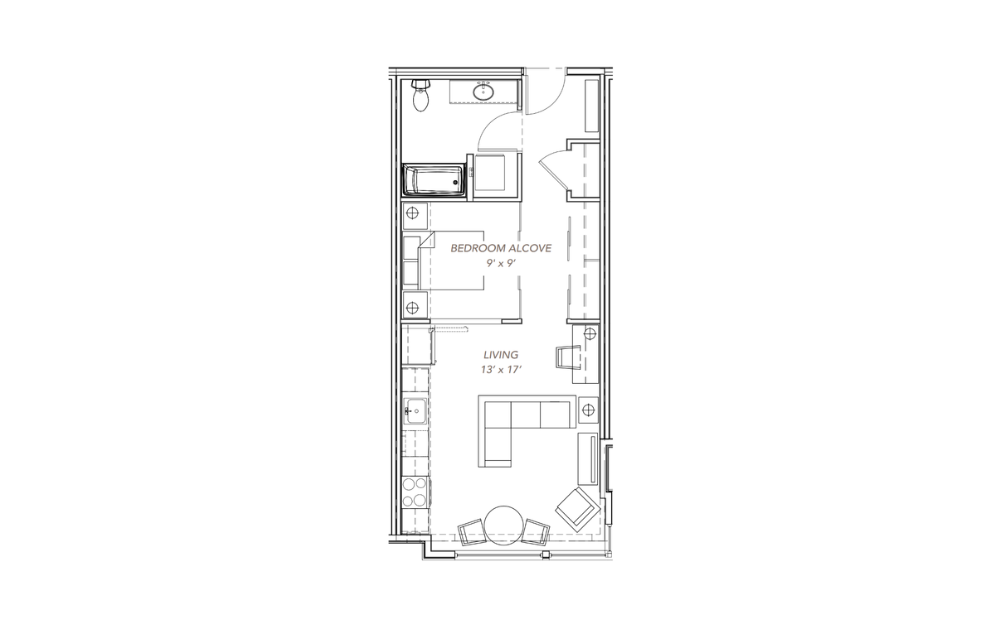 GLV - Open 1x1 - A10 - 1 bedroom floorplan layout with 1 bathroom and 570 - 587 square feet