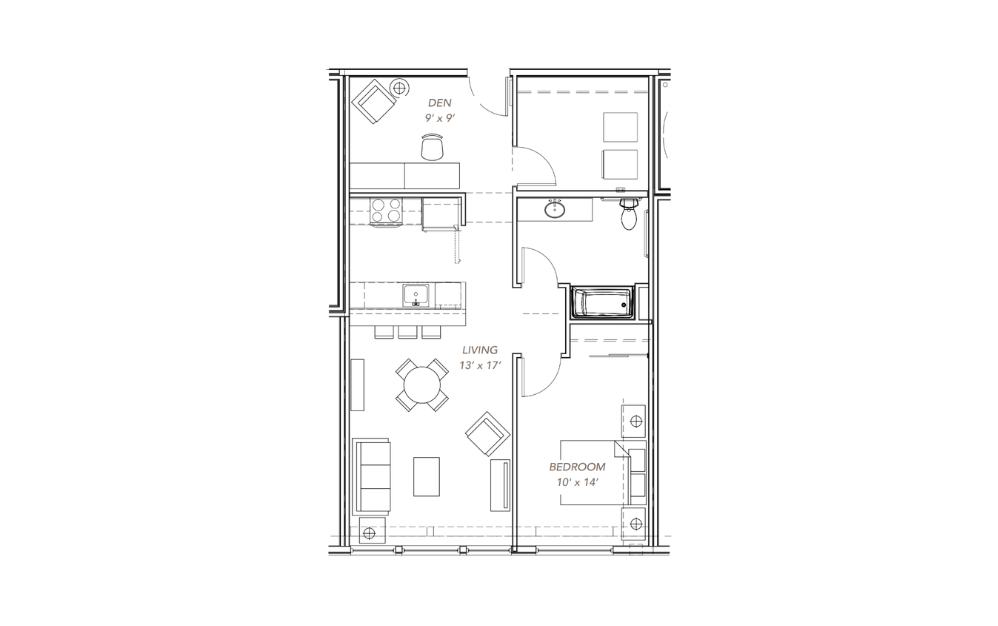 GLV - 1x1 + Den - B17 - 1 bedroom floorplan layout with 1 bathroom and 870 - 901 square feet