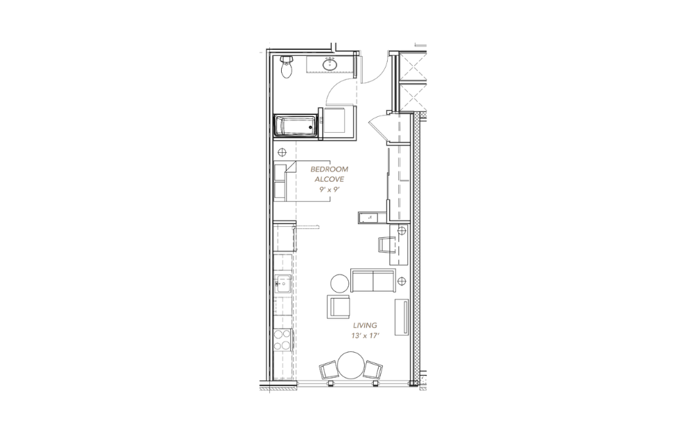 GLV - Open 1x1 - A19 - 1 bedroom floorplan layout with 1 bathroom and 570 - 598 square feet