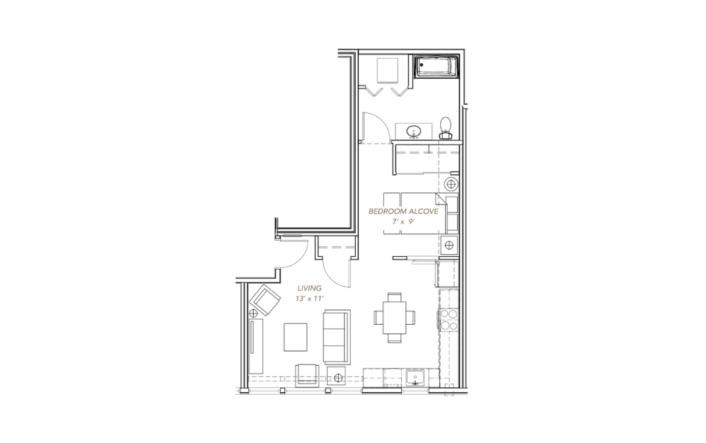 GLV - Open 1x1 - A16 - 1 bedroom floorplan layout with 1 bath and 555 to 609 square feet.