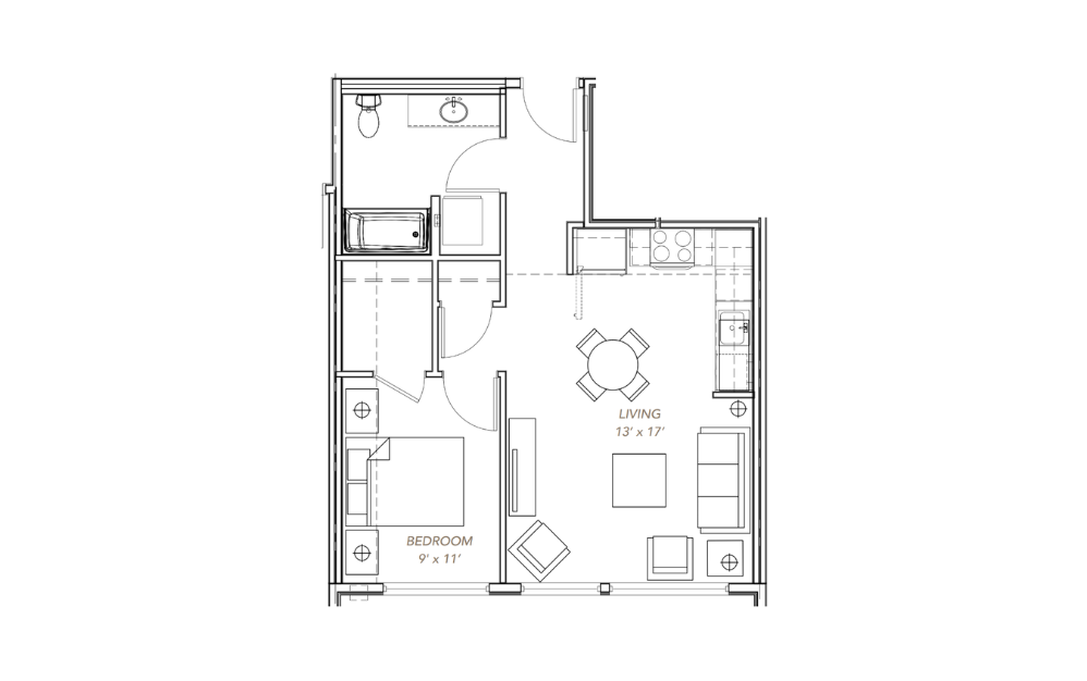 GLV - 1x1 - B14 - 1 bedroom floorplan layout with 1 bathroom and 620 square feet