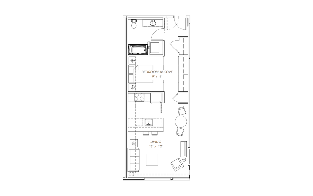 GLV - Open 1x1 - A8 - 1 bedroom floorplan layout with 1 bath and 721 to 753 square feet.