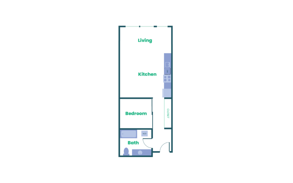 The Teel - Open 1x1 - A1 - 1 bedroom floorplan layout with 1 bathroom and 646 square feet