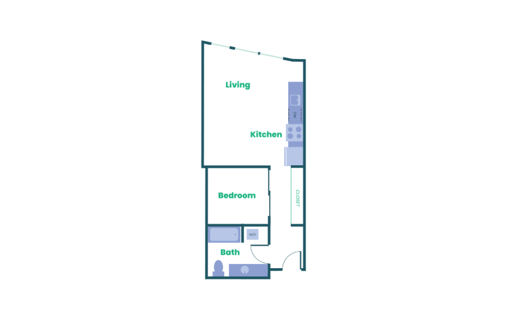 The Teel - Open 1x1 - A14 - 1 bedroom floorplan layout with 1 bathroom and 605 square feet