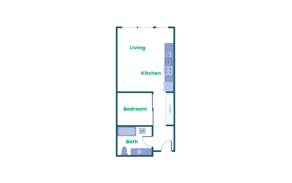 The Teel - Open 1x1 - A4 - 1 bedroom floorplan layout with 1 bathroom and 577 square feet