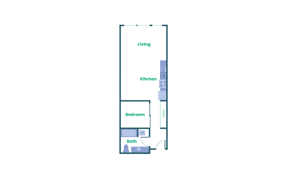 The Teel - Open 1x1 - A9 - 1 bedroom floorplan layout with 1 bathroom and 697 square feet