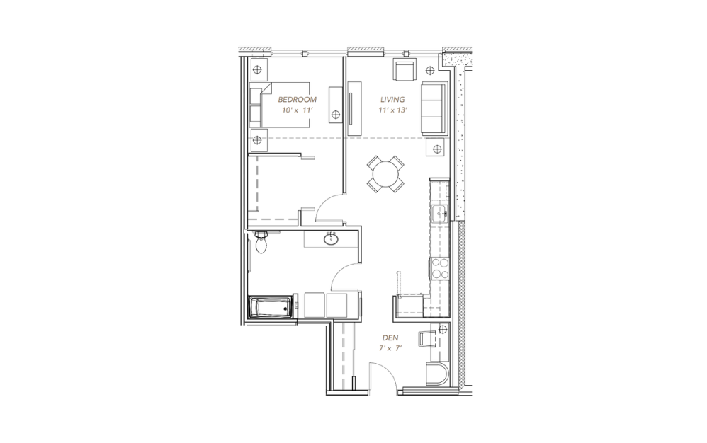 GLV - 1x1 + Den - B18 - 1 bedroom floorplan layout with 1 bathroom and 845 square feet