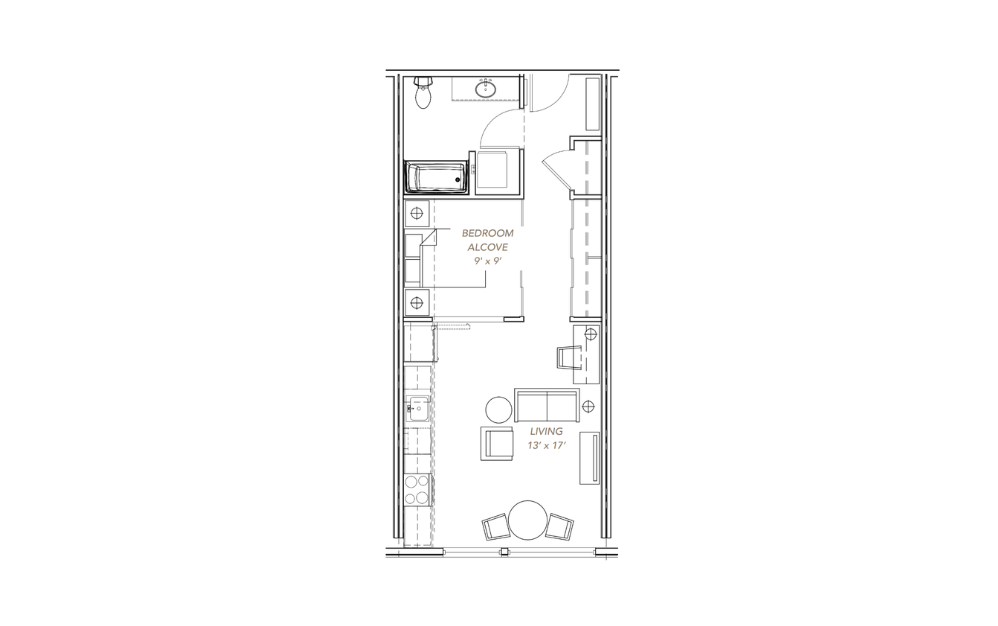 GLV - Open 1x1 - A15 - 1 bedroom floorplan layout with 1 bath and 581 to 609 square feet.