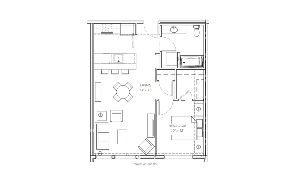 GLV - 1x1 - B8 - 1 bedroom floorplan layout with 1 bathroom and 696 square feet