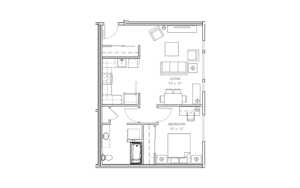 GLV - 1x1 - B7 - 1 bedroom floorplan layout with 1 bath and 741 square feet.