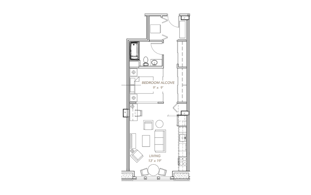 GLV - Open 1x1 - A1 - 1 bedroom floorplan layout with 1 bathroom and 577 square feet