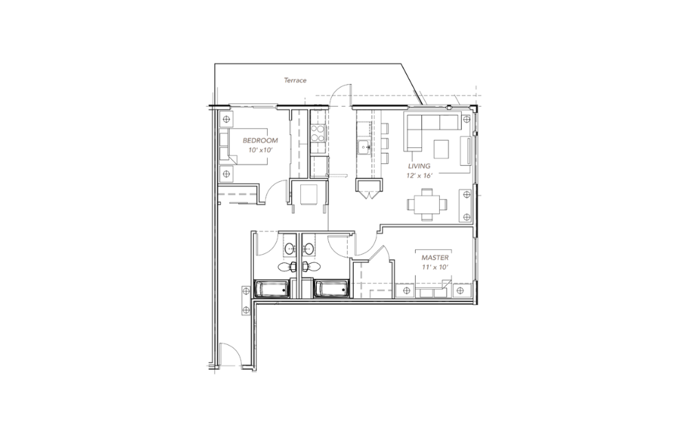 GLV - 2x2 - C3 - 2 bedroom floorplan layout with 2 bathrooms and 1028 square feet