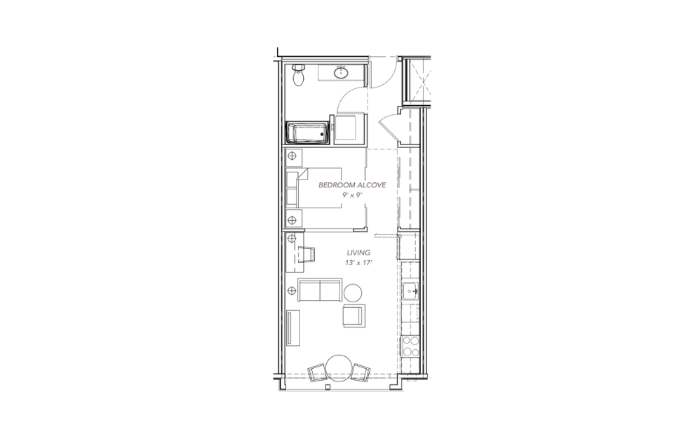 GLV - Open 1x1 - A9 - 1 bedroom floorplan layout with 1 bathroom and 649 - 681 square feet