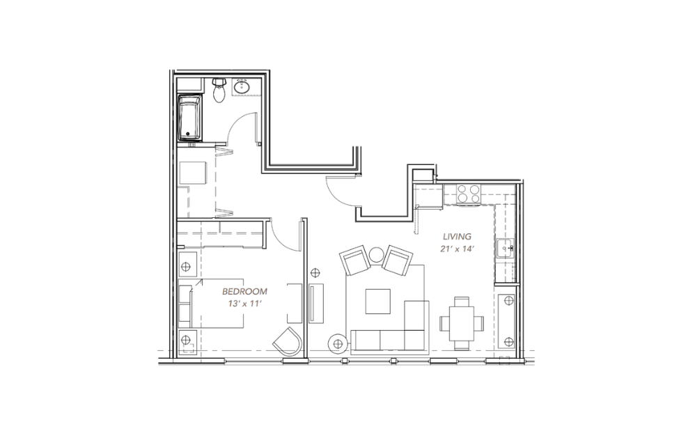 GLV - 1x1 - B5 - 1 bedroom floorplan layout with 1 bathroom and 717 - 764 square feet