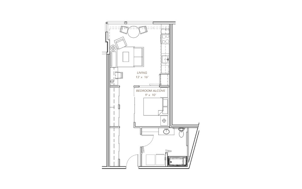 GLV - Open 1x1 - A5 - 1 bedroom floorplan layout with 1 bathroom and 605 square feet