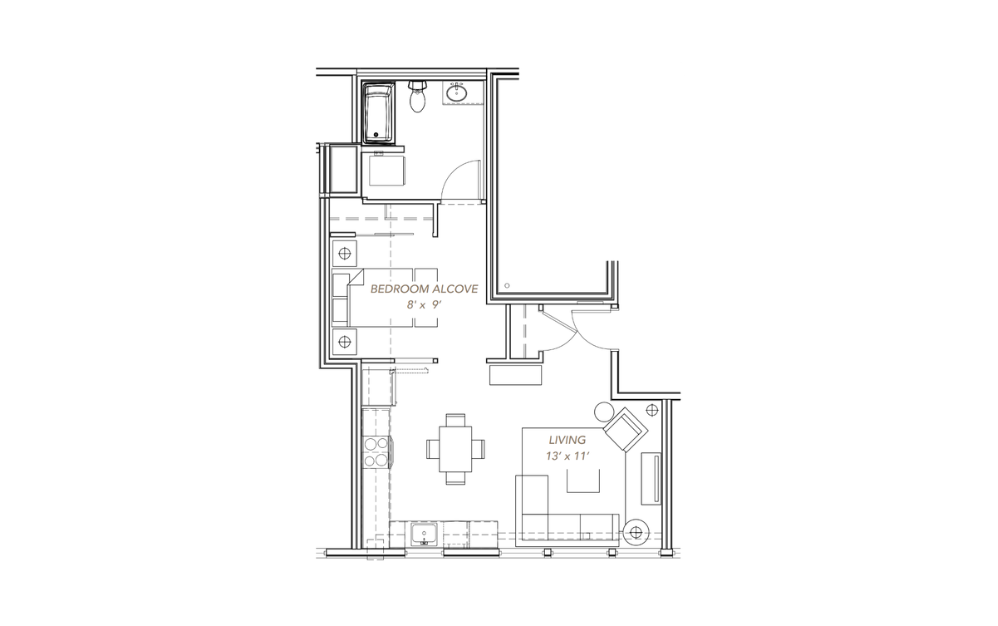 GLV - Open 1x1 - A17 - 1 bedroom floorplan layout with 1 bathroom and 606 - 640 square feet