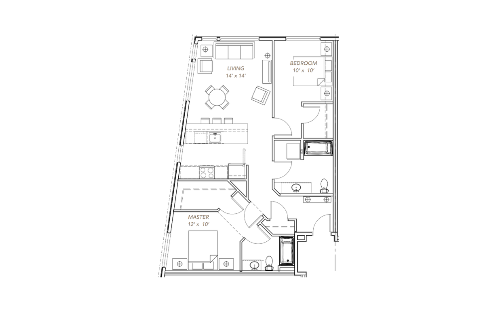 GLV - 2x2 - C4 - 2 bedroom floorplan layout with 2 bathrooms and 1039 square feet