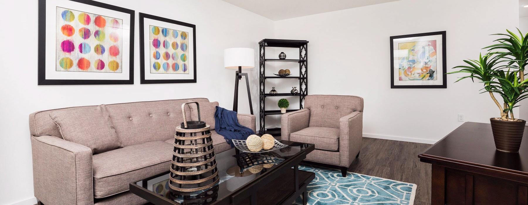a living room with a couch and a coffee table