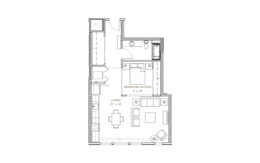 GLV - Open 1x1 - A7 - 1 bedroom floorplan layout with 1 bath and 850 square feet.